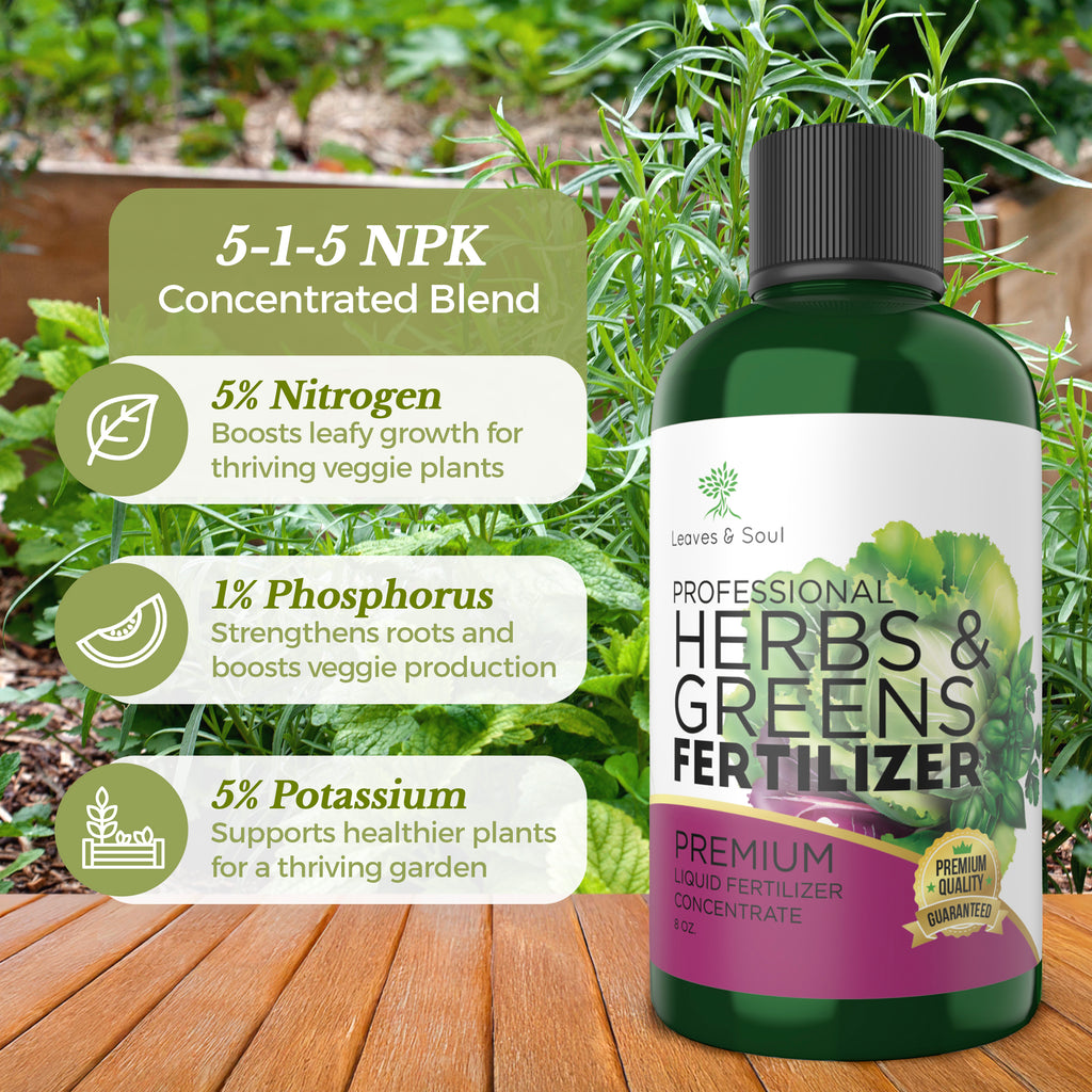 Professional Liquid Herbs and Greens Fertilizer | 5-1-5 Concentrate, Liquid Plant Fertilizer for Garden, Healthy Produce, Good Harvest, Multi-Purpose Blend & Gardening Supplies | 8 oz