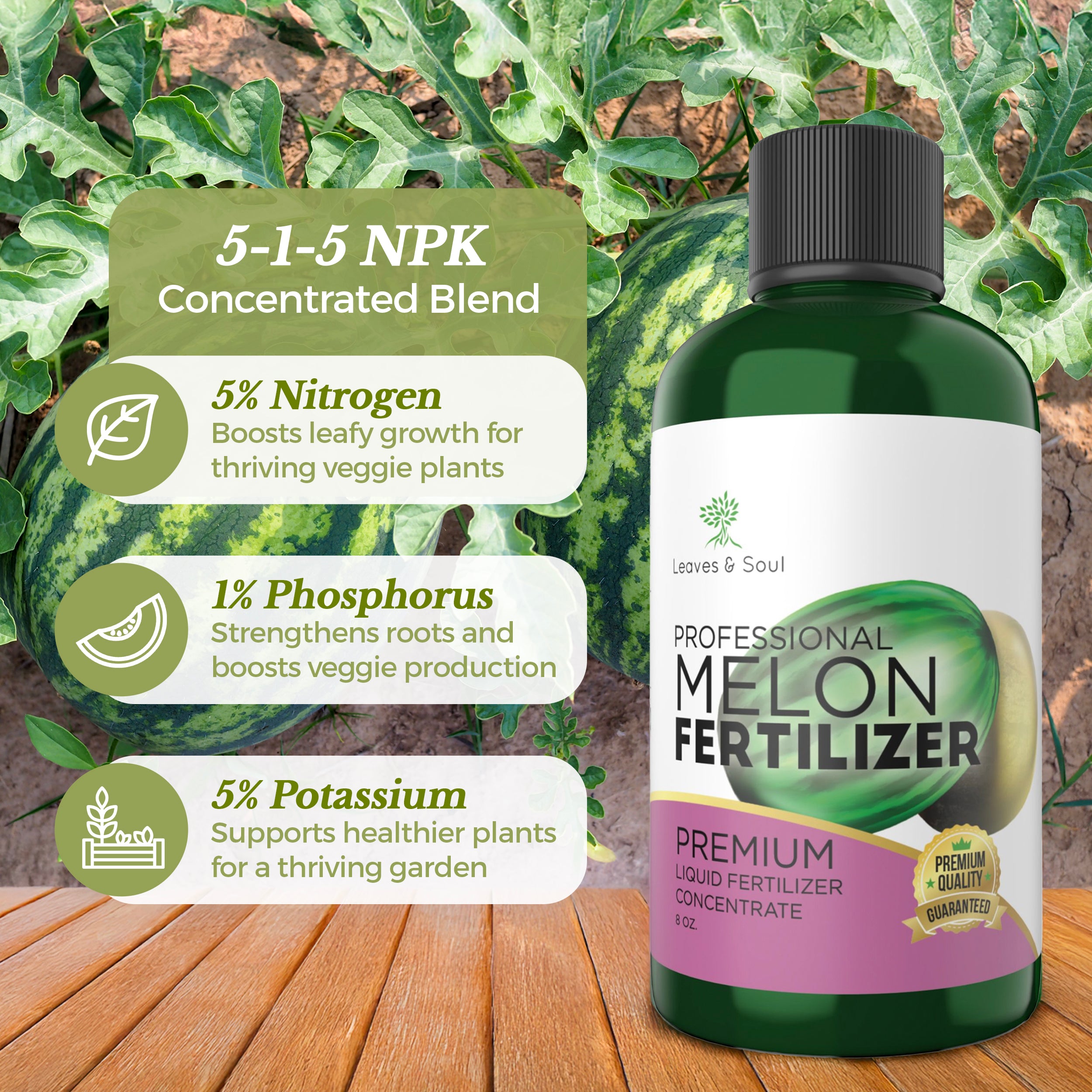 Professional Liquid Melon Fertilizer | 5-1-5 Concentrate, Liquid Plant Fertilizer for Garden, Healthy Produce, Good Harvest, Multi-Purpose Blend & Gardening Supplies | 8 oz
