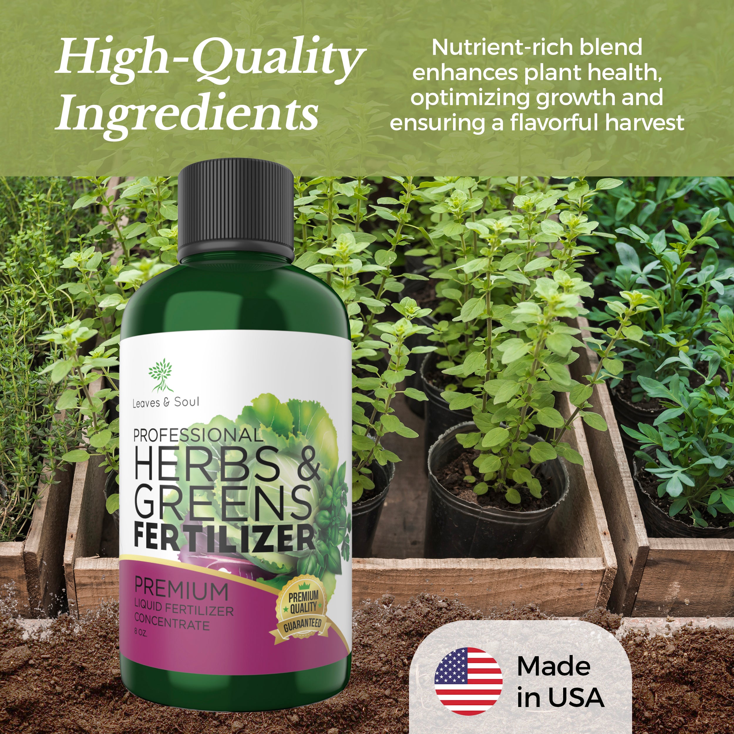 Professional Liquid Herbs and Greens Fertilizer | 5-1-5 Concentrate, Liquid Plant Fertilizer for Garden, Healthy Produce, Good Harvest, Multi-Purpose Blend & Gardening Supplies | 8 oz