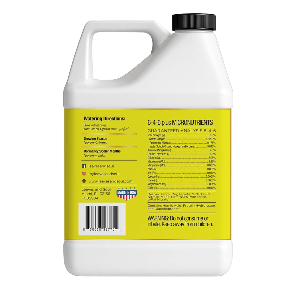 Leaves and Soul Professional Lemon Tree Fertilizer Liquid Concentrate - 6-4-6 Blend for Fruit Tree Fertilizer, Garden - Liquid Plant Food for Lemon Trees in Pots or Outdoors