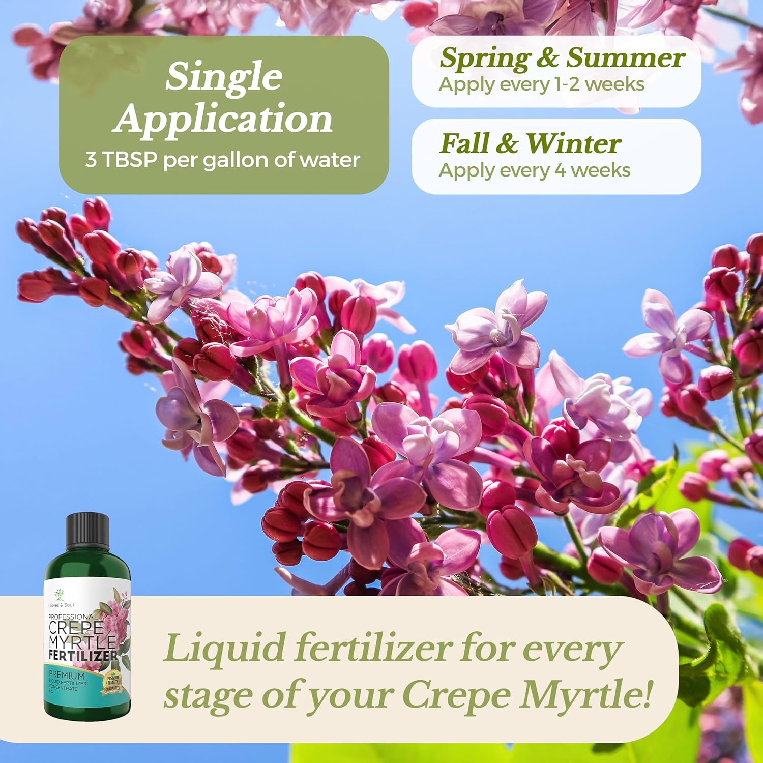 Leaves and Soul Crepe Myrtle Professional Liquid Fertilizer - Complete 3-5-4 Nutrient Blend Concentrate for Enhanced Blooming & Growth - Perfect for Garden & Indoor Plants, Easy Application - 8 oz