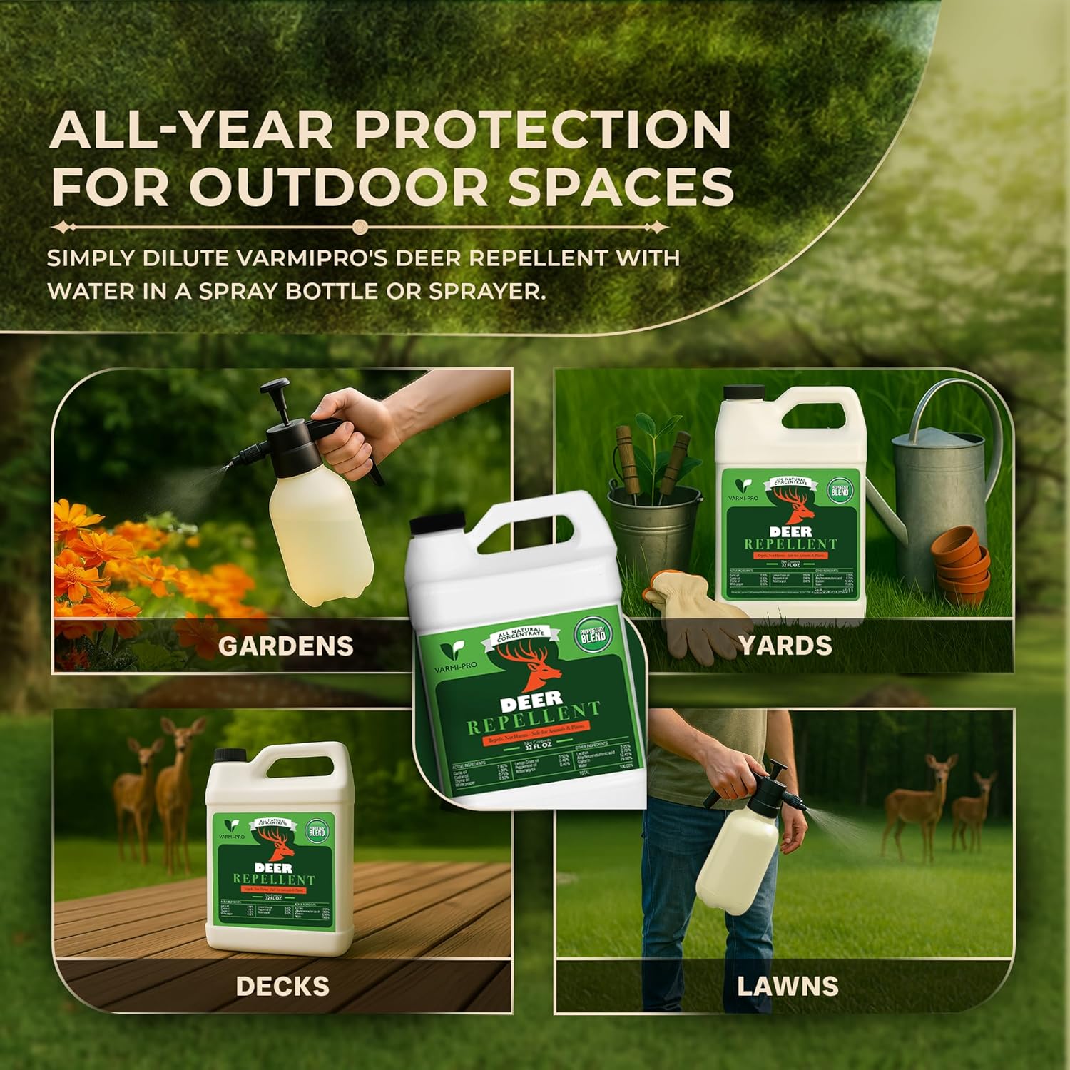 VarmiPro Deer Repellent Spray Concentrate - 32 fl oz Natural Outdoor Deer Deterrent for Yard, Garden, Lawn, Trees, and Plants - Safe for Pets, Animals, Flowers, Shrubs, and Flower Beds