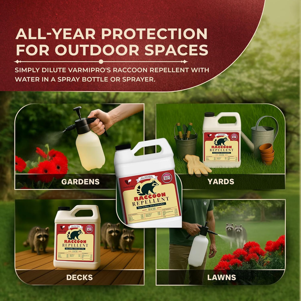 VarmiPro Raccoon Repellent Spray Concentrate - 32 fl oz Natural Outdoor Raccoon Deterrent for Yard, Garden, Lawn, Trees, and Plants - Safe for Pets, Animals, Flowers, Shrubs, and Flower Beds