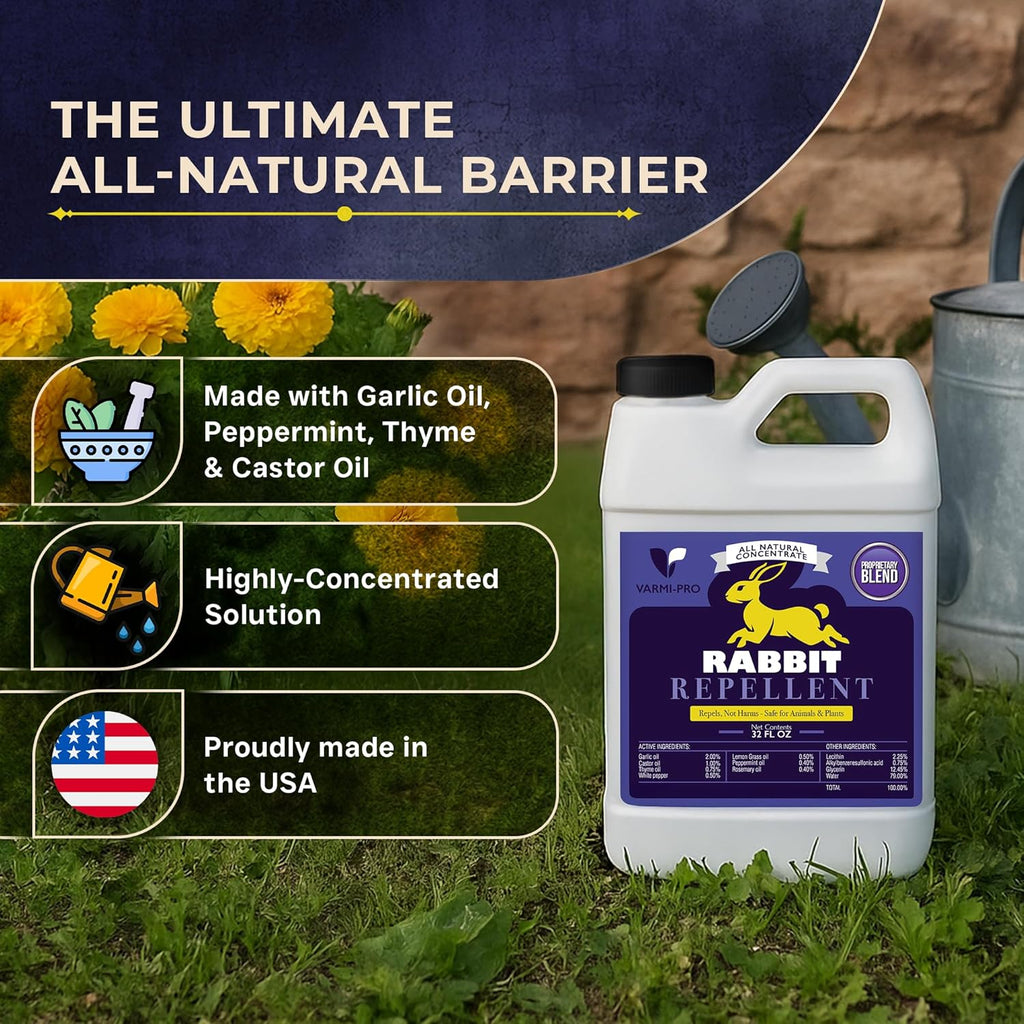 VarmiPro Rabbit Repellent Spray Concentrate - 32 fl oz Natural Outdoor Rabbit Deterrent for Yard, Garden, Lawn, Trees, and Plants - Safe for Pets, Animals, Flowers, Shrubs, and Flower Beds
