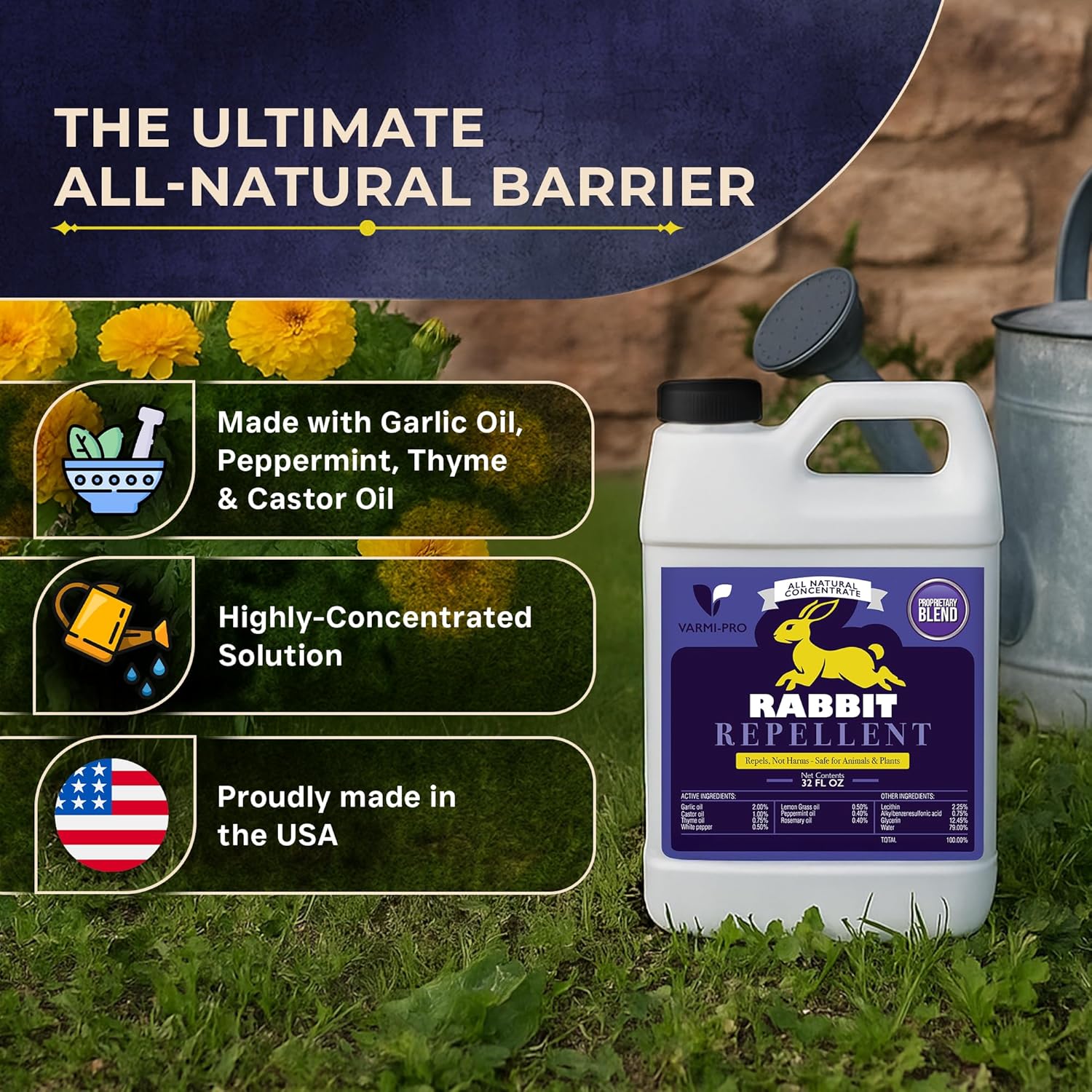 VarmiPro Rabbit Repellent Spray Concentrate - 32 fl oz Natural Outdoor Rabbit Deterrent for Yard, Garden, Lawn, Trees, and Plants - Safe for Pets, Animals, Flowers, Shrubs, and Flower Beds