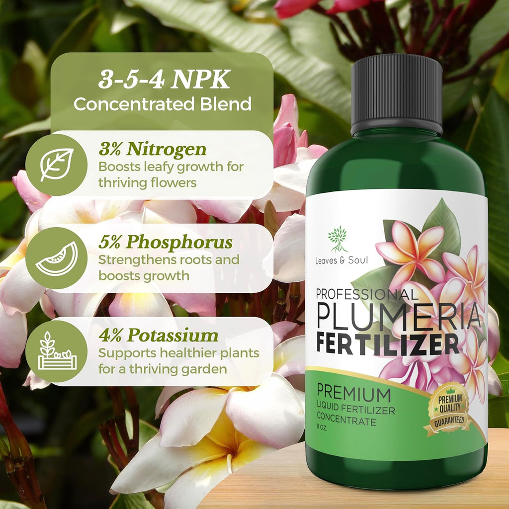 Leaves and Soul Plumeria Professional Liquid Fertilizer - Complete 3-5-4 Nutrient Blend Concentrate for Enhanced Blooming & Growth - Perfect for Garden & Indoor Plants, Easy Application - 8 oz