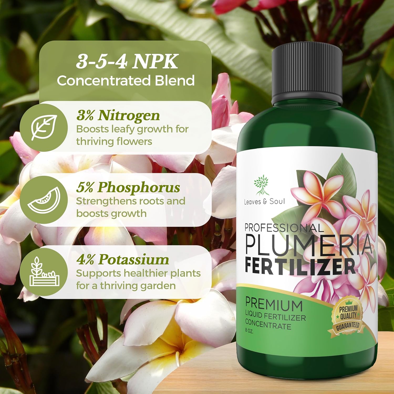 Leaves and Soul Plumeria Professional Liquid Fertilizer - Complete 3-5-4 Nutrient Blend Concentrate for Enhanced Blooming & Growth - Perfect for Garden & Indoor Plants, Easy Application - 8 oz