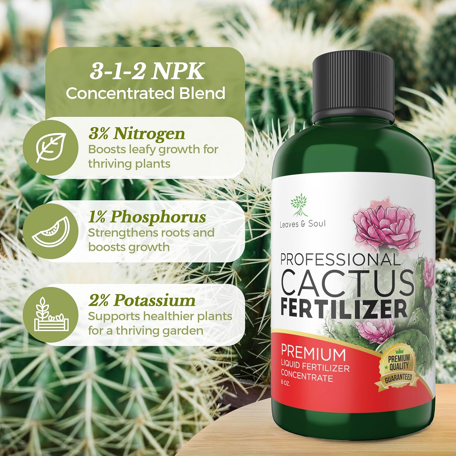Professional Liquid Cactus Plant Fertilizer | 3-1-2 Concentrate for Flowering Plants | Multi-Purpose Blend & Gardening Supplies | 8 oz Bottle