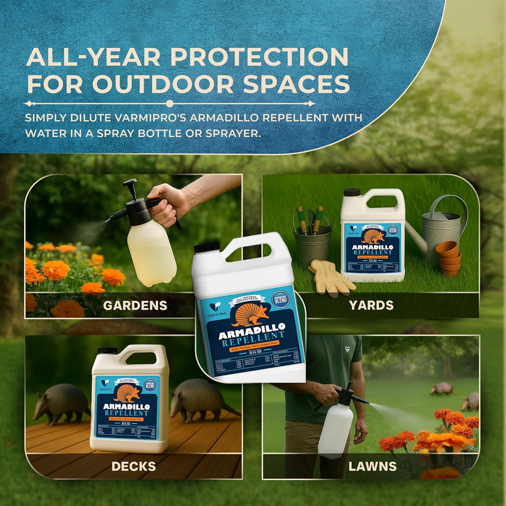 VarmiPro Armadillo Repellent Spray Concentrate - 32 fl oz Natural Outdoor Armadillo Deterrent for Yard, Garden, Lawn, Trees, and Plants - Safe for Pets, Animals, Flowers, Shrubs, and Flower Beds