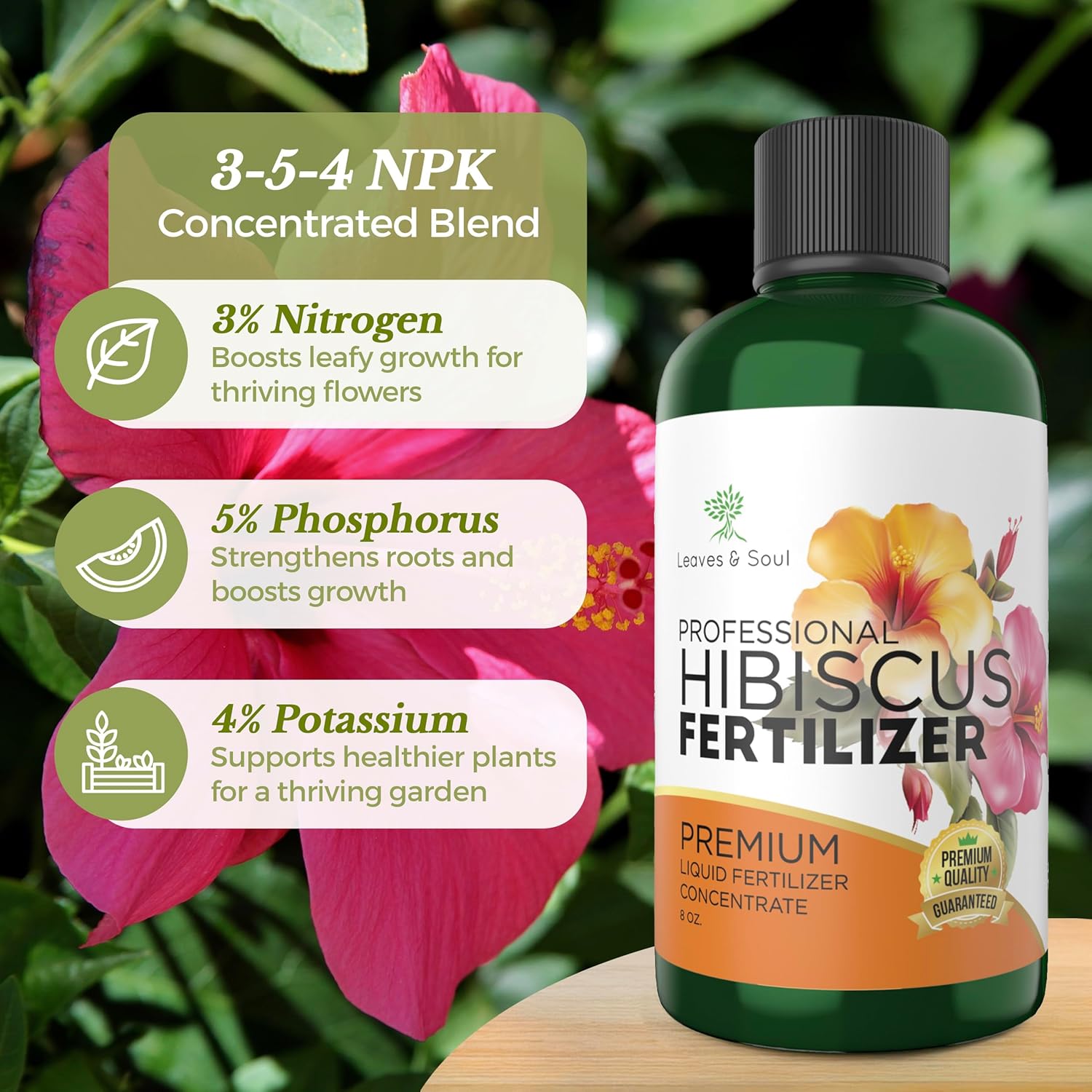 Leaves and Soul Hibiscus Professional Liquid Fertilizer - Complete 3-5-4 Nutrient Blend Concentrate for Enhanced Blooming & Growth - Perfect for Garden & Indoor Plants, New & Improved Blend - 8 oz