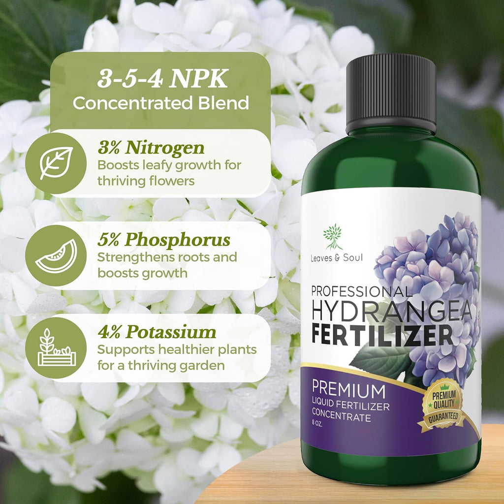 Leaves and Soul Hydrangea Professional Liquid Fertilizer - Complete 3-5-4 Nutrient Blend Concentrate for Enhanced Blooming & Growth - Perfect for Garden & Indoor Plants - New & Improved Blend - 8 oz
