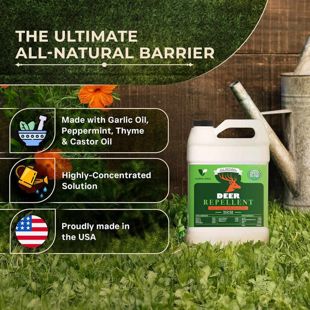 VarmiPro Deer Repellent Spray Concentrate - 32 fl oz Natural Outdoor Deer Deterrent for Yard, Garden, Lawn, Trees, and Plants - Safe for Pets, Animals, Flowers, Shrubs, and Flower Beds