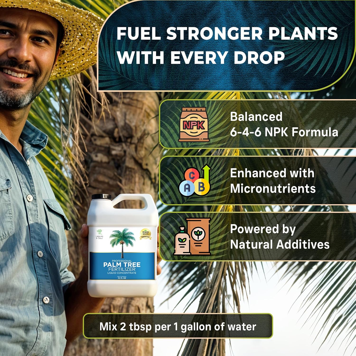 Leaves and Soul Professional Palm Tree Fertilizer Liquid Concentrate - 6-4-6 Blend for Tropical Plant Fertilizer, Garden Use - Liquid Plant Food for Palm Trees and Bushes Outdoors