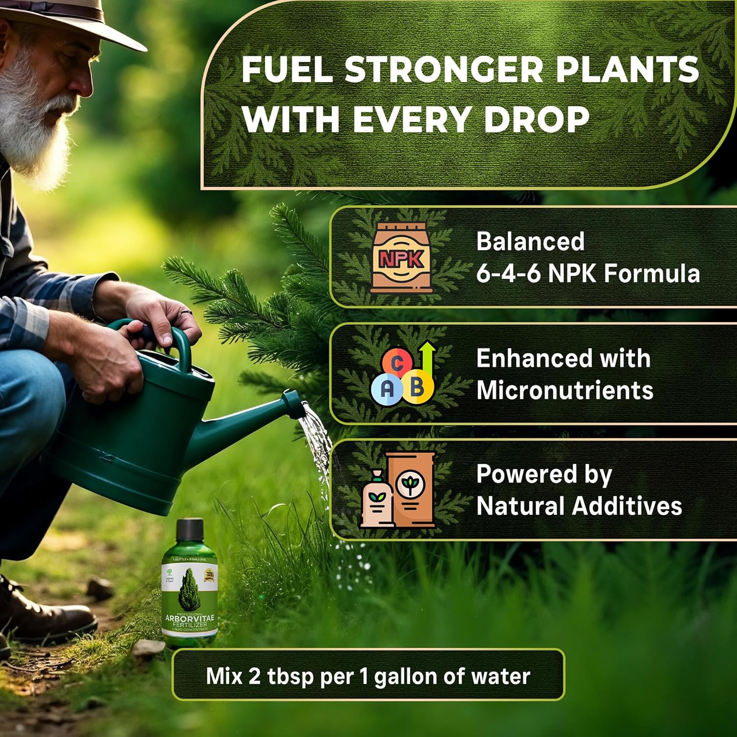 Leaves and Soul Professional Arbor Vitae Tree Fertilizer Liquid Concentrate - 6-4-6 Blend for Arbor Vitae, Garden Use - Liquid Plant Food for Arbor Vitae Trees and Shrubs Outdoors