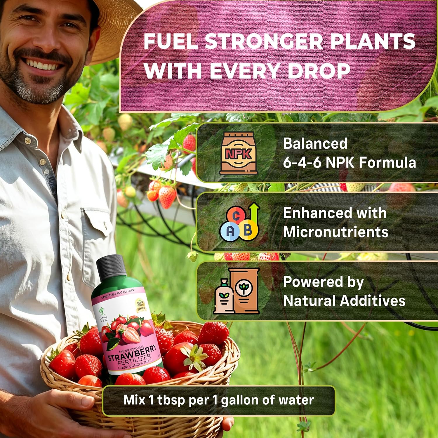 Leaves and Soul Professional Strawberry Fertilizer Liquid Concentrate - 6-4-6 Blend Liquid Garden Fertilizer for Strawberries - Plant Food for Strawberry Bushes and Plants