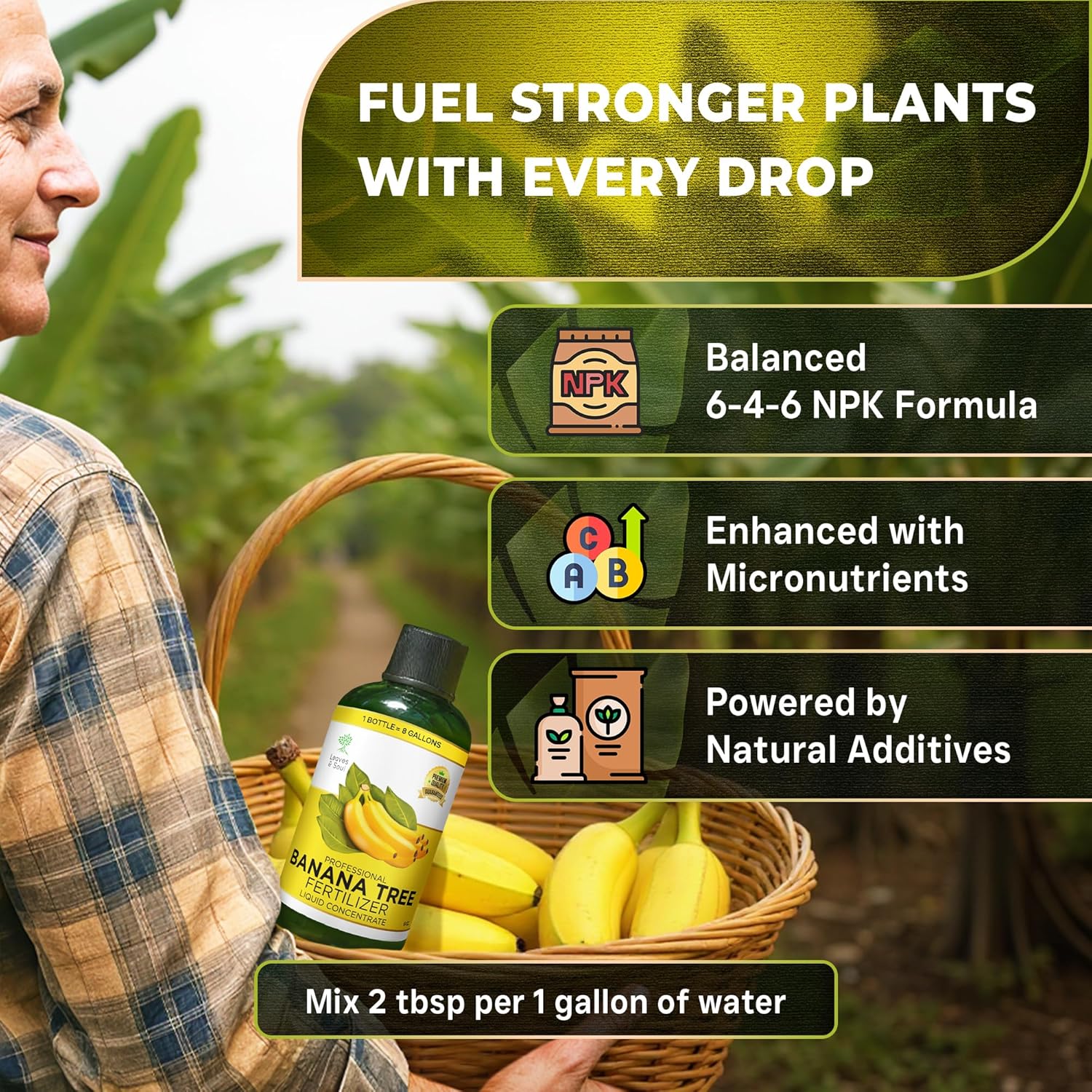 Leaves and Soul Professional Banana Tree Fertilizer Liquid Concentrate - 6-4-6 Blend for Fruit Tree Fertilizer, Garden - Liquid Plant Food for Banana Trees in Pots or Outdoors