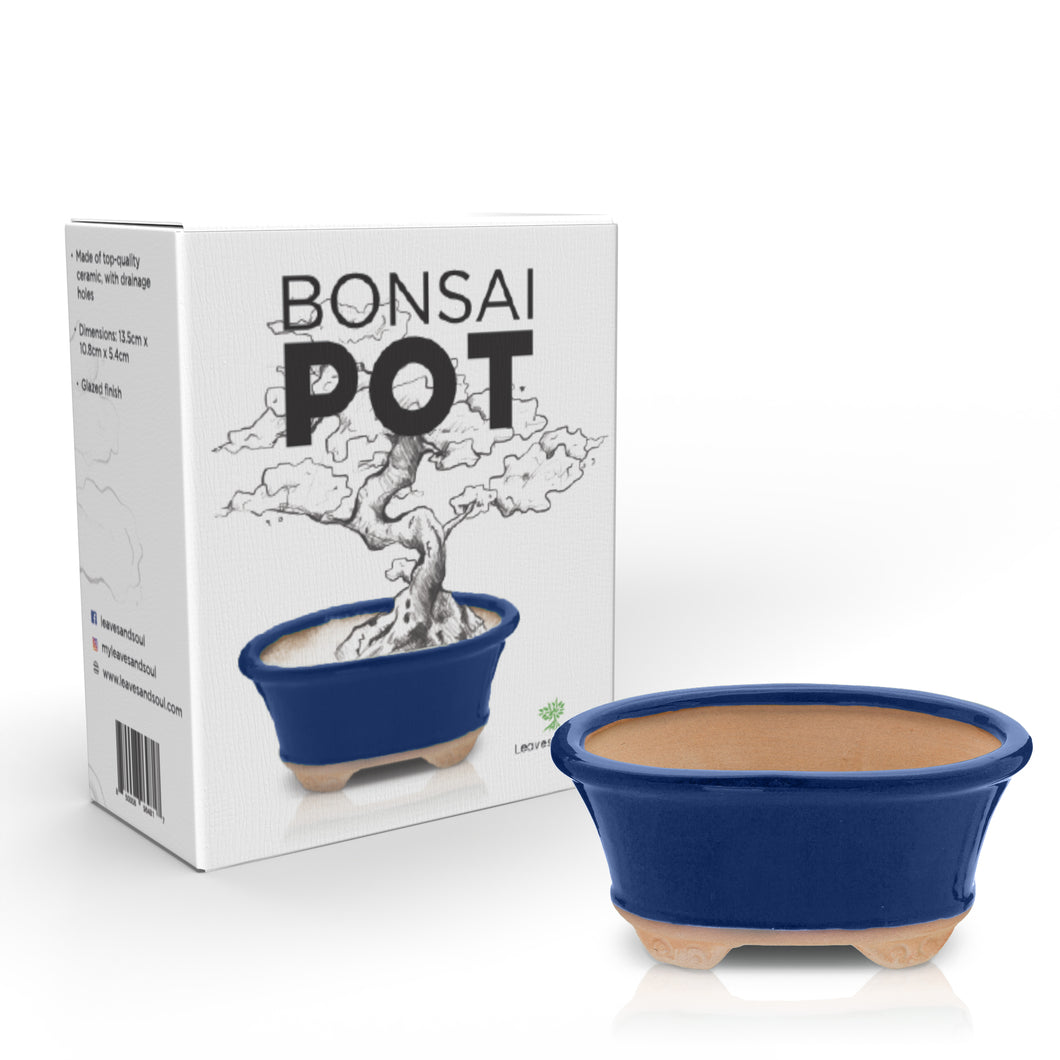 Glazed Ceramic Bonsai Pot - Decorative Planter for Dwarf Trees, Succulents, Small Plants - Blue Oval Container Perfect for Indoor and Outdoor Gardens, Table Centerpieces and Windowsill Décor