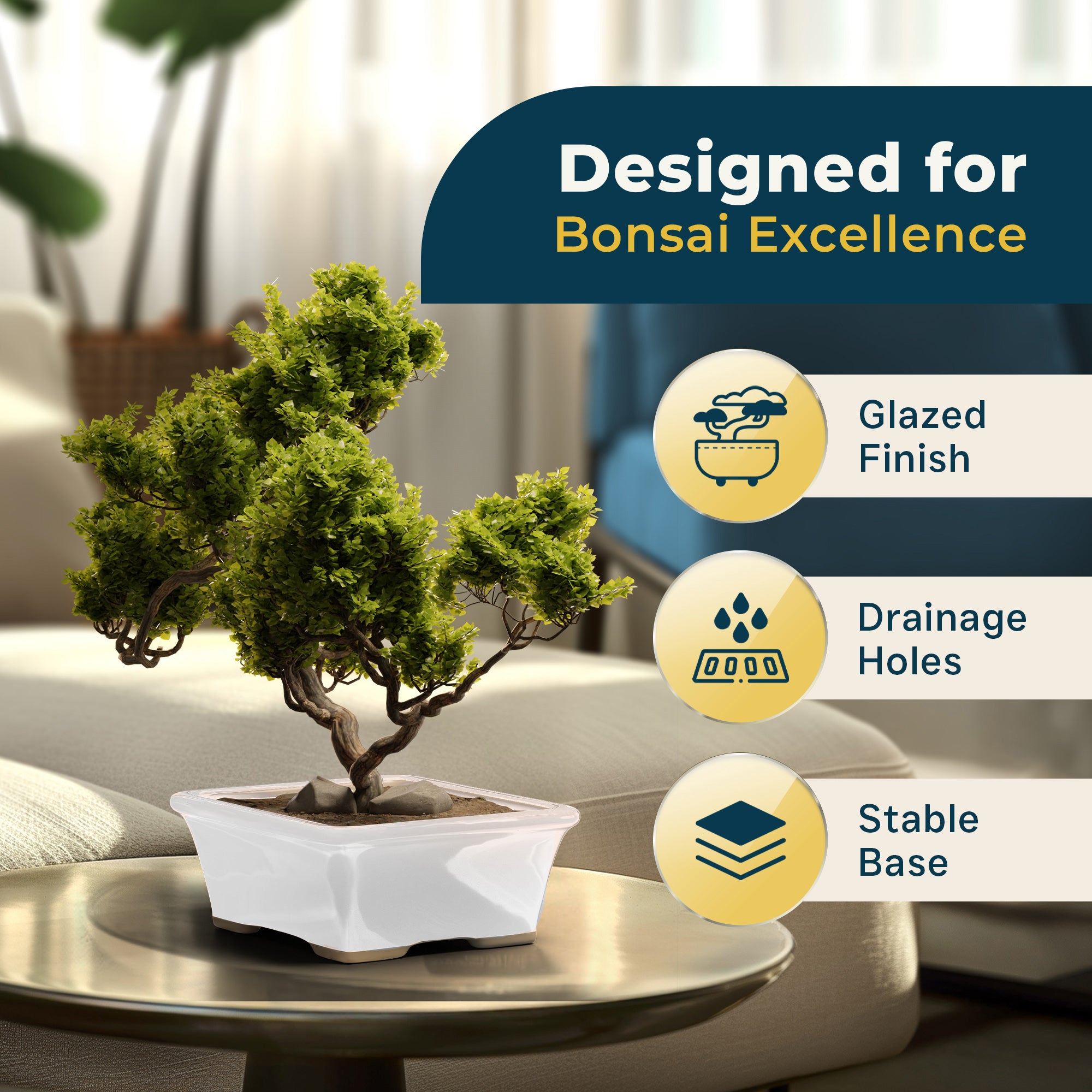 Glazed Ceramic Bonsai Pot | White Rectangular