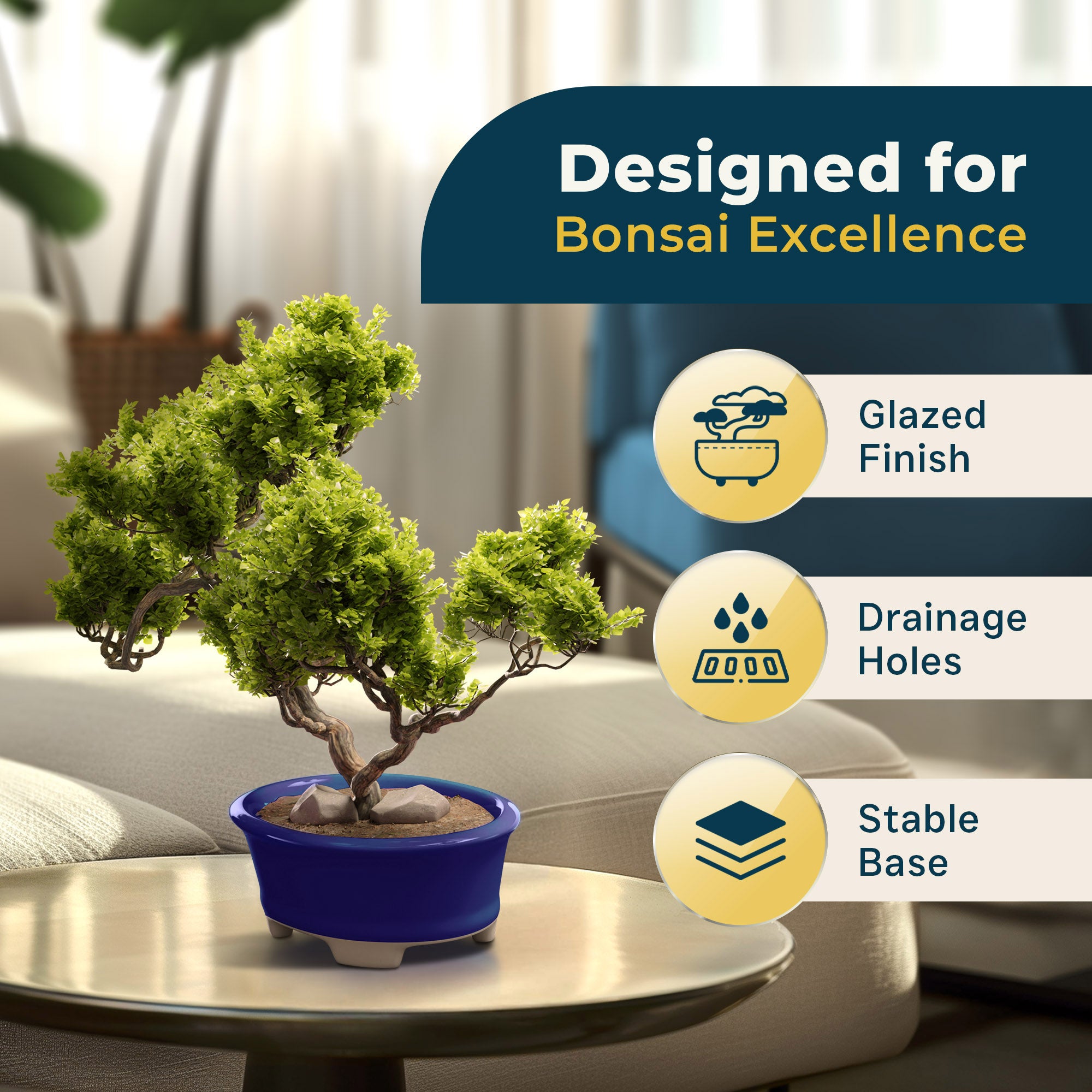 Glazed Ceramic Bonsai Pot - Decorative Planter for Dwarf Trees, Succulents, Small Plants - Blue Oval Container Perfect for Indoor and Outdoor Gardens, Table Centerpieces and Windowsill Décor