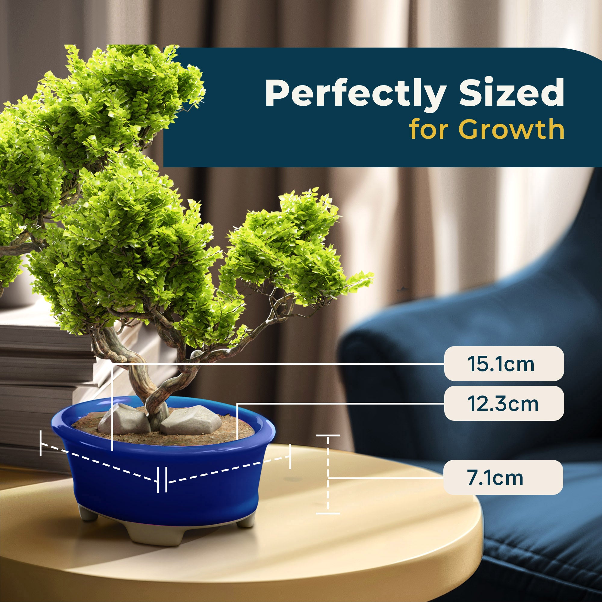 Glazed Ceramic Bonsai Pot - Decorative Planter for Dwarf Trees, Succulents, Small Plants - Blue Oval Container Perfect for Indoor and Outdoor Gardens, Table Centerpieces and Windowsill Décor