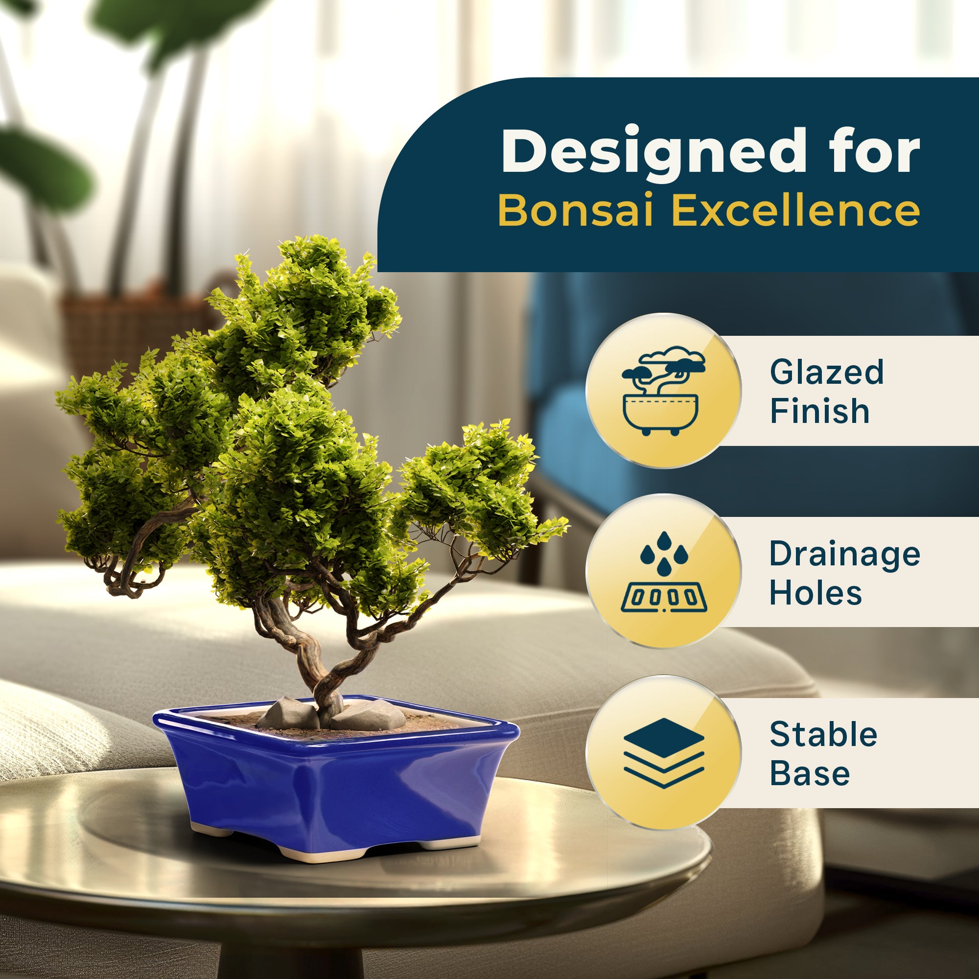 Glazed Ceramic Bonsai Pot | Blue Rectangle