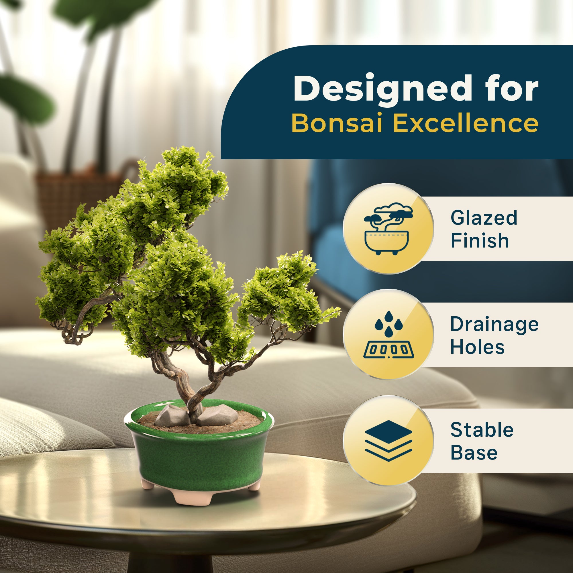 Glazed Ceramic Bonsai Pot | Green Oval