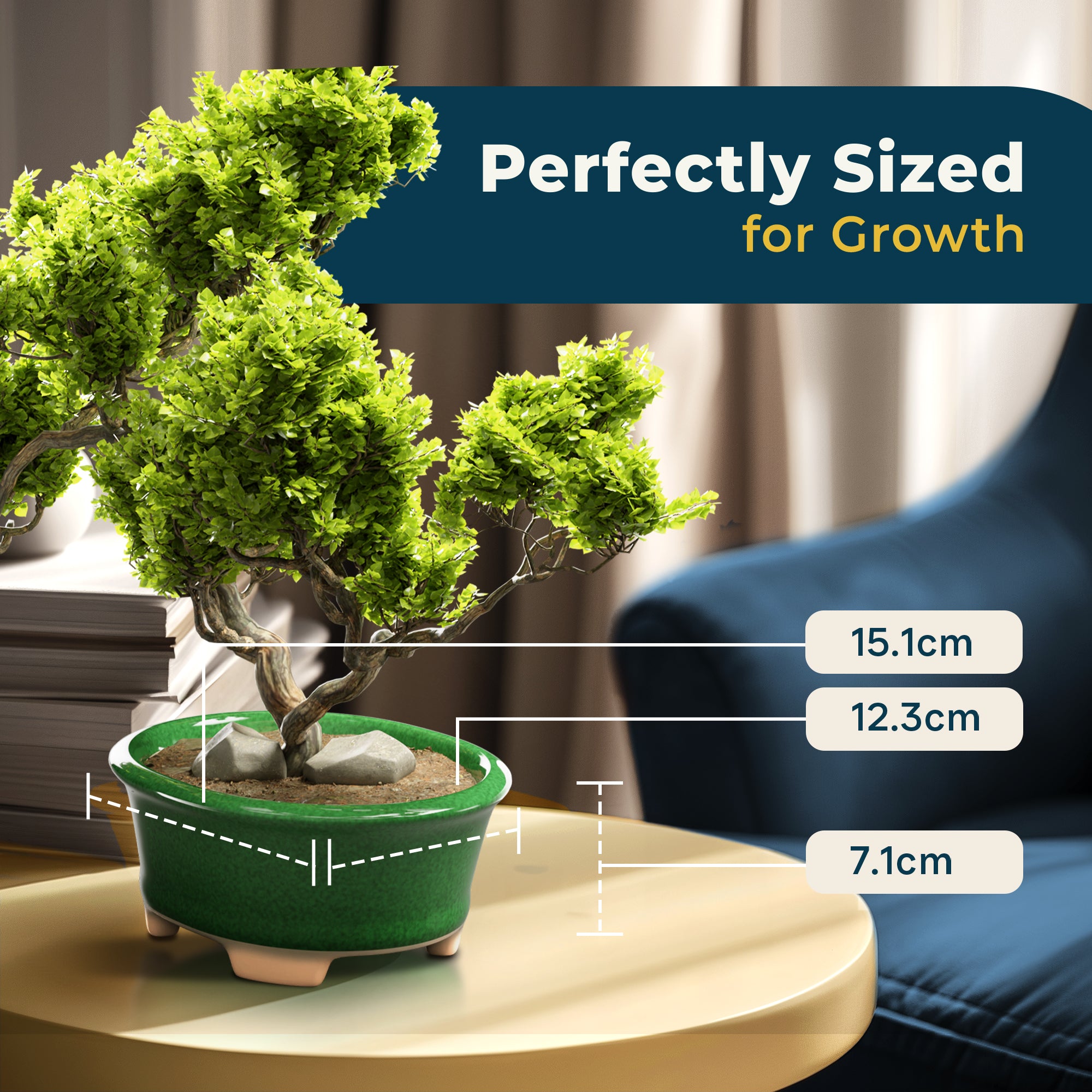 Glazed Ceramic Bonsai Pot | Green Oval