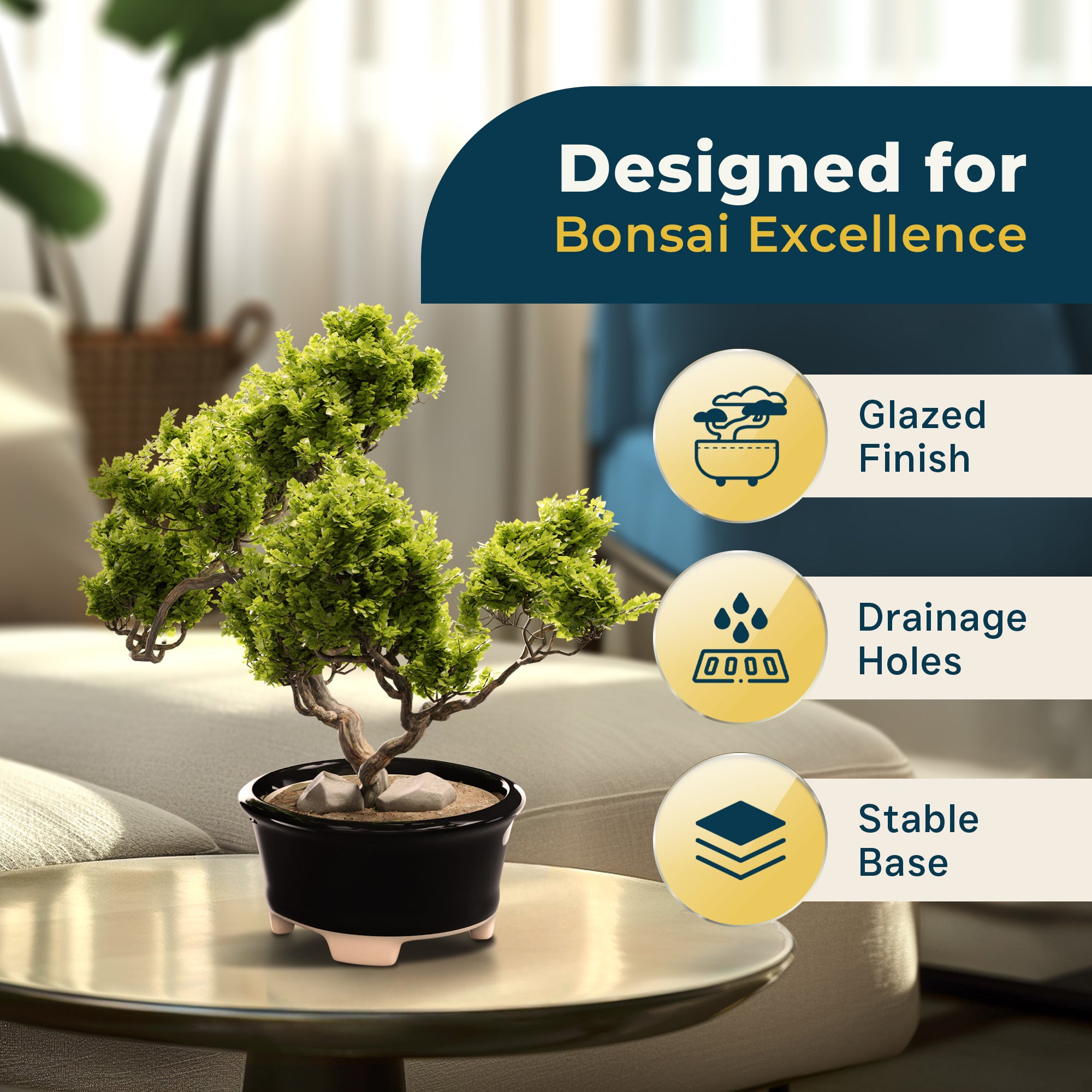 Glazed Ceramic Bonsai Pot | Decorative Planter for Dwarf Trees, Succulents, Small Plants | Small Container for Indoor and Outdoor Gardens, Table Centerpieces and Windowsill Décor | Black Oval