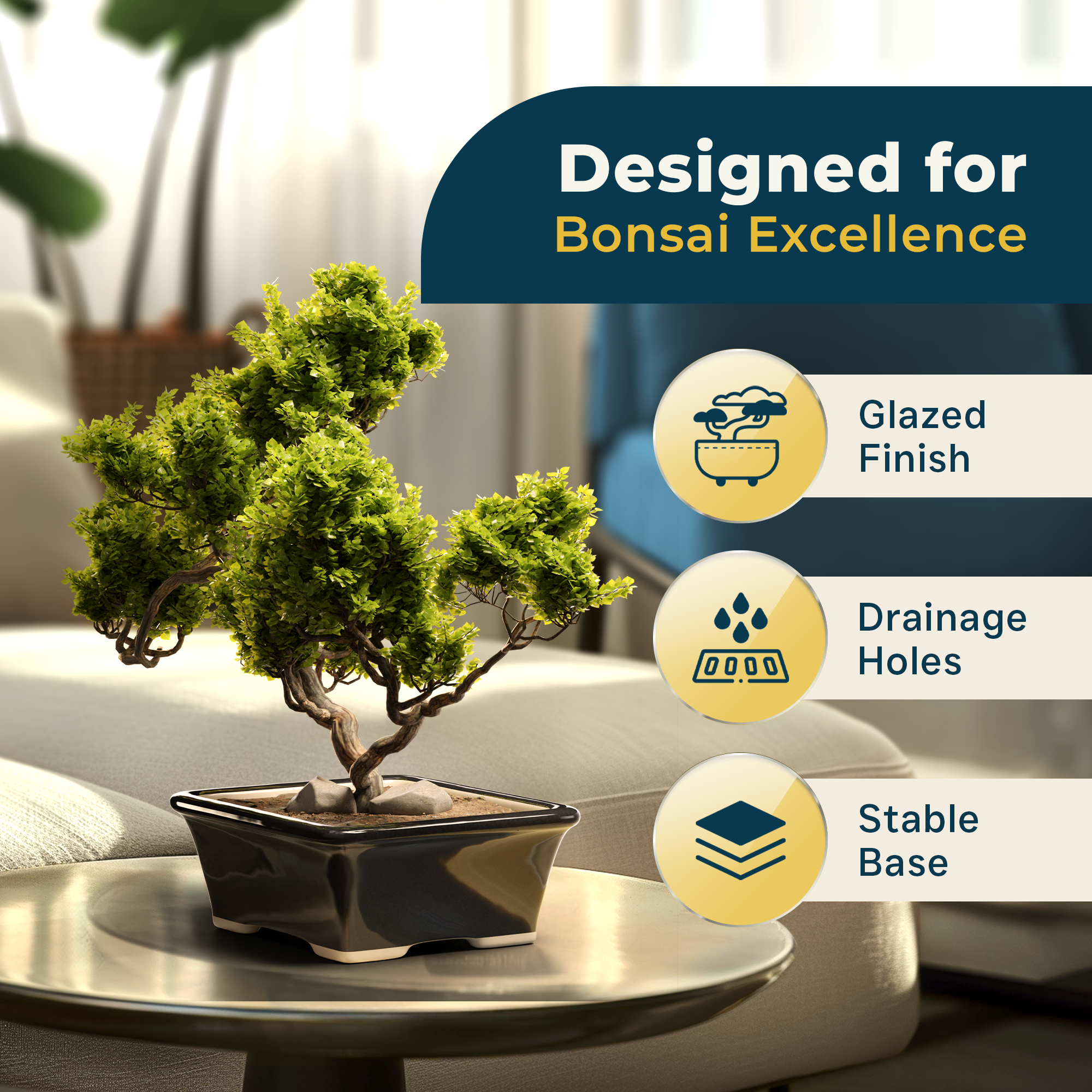 Glazed Ceramic Bonsai Pot - Ceramic Planter for Succulents and Small Plants - Black Rectangular Pot Perfect for Indoor and Outdoor Gardens, Tables and Decor